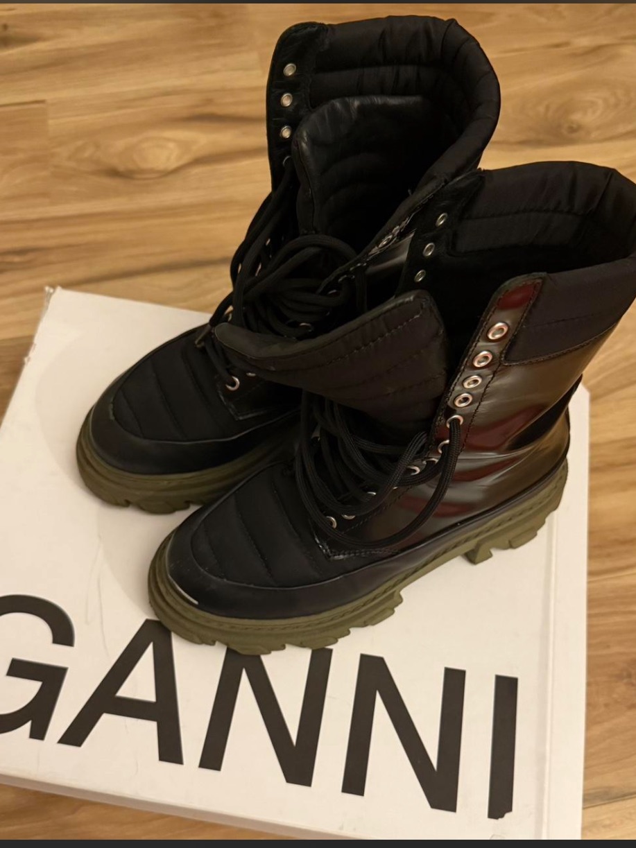 Ganni Black And Olive Lace-Up Combat Boots
